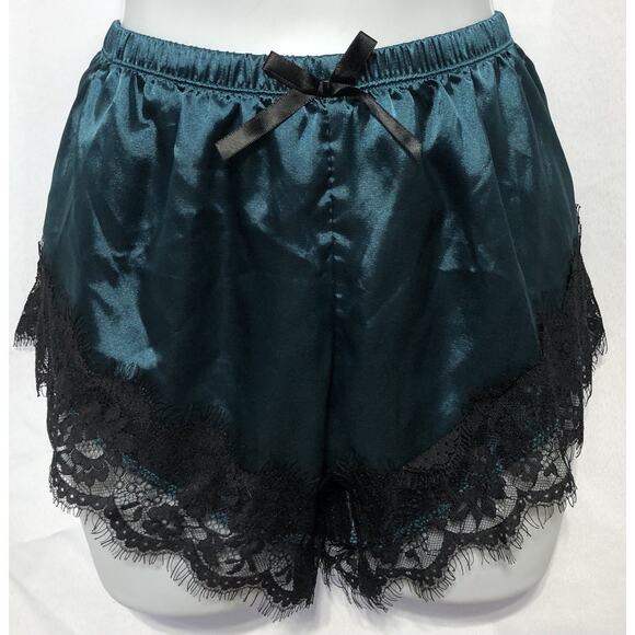 Satin Silky Teal & black Lace Robe & Shorts Set Large Lingerie Nightwear Kimono - Picture 3 of 6
